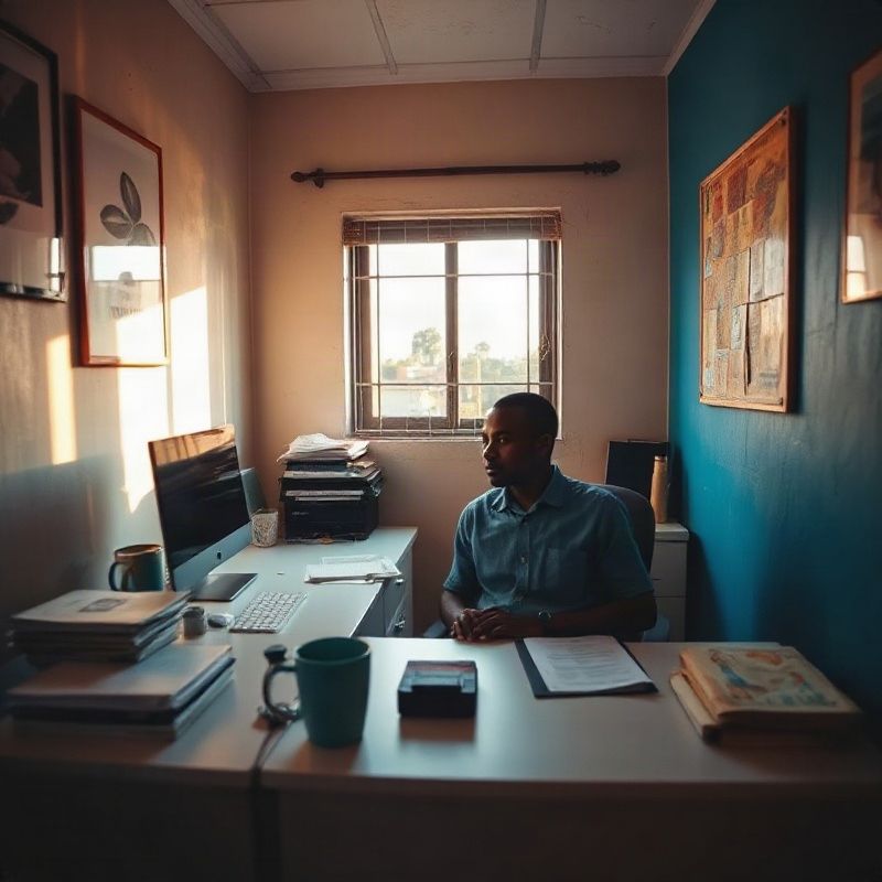 A person at a tidy desk in a small Garissa office in warm natural light