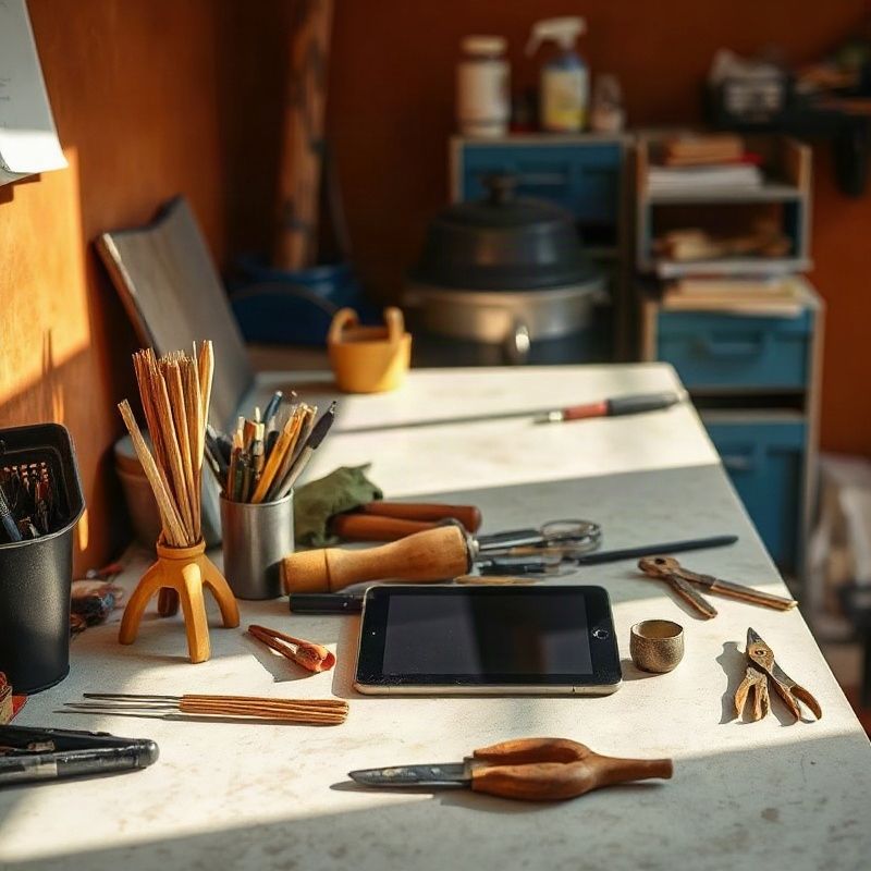 Organised hand tools and a digital tablet on a clean worktop